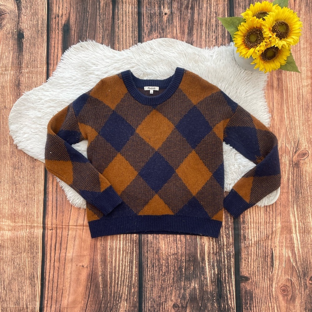 Madewell Mullen Women’s Brown and Navy Checkered Argyle Sweater. Small. - Picture 3 of 7